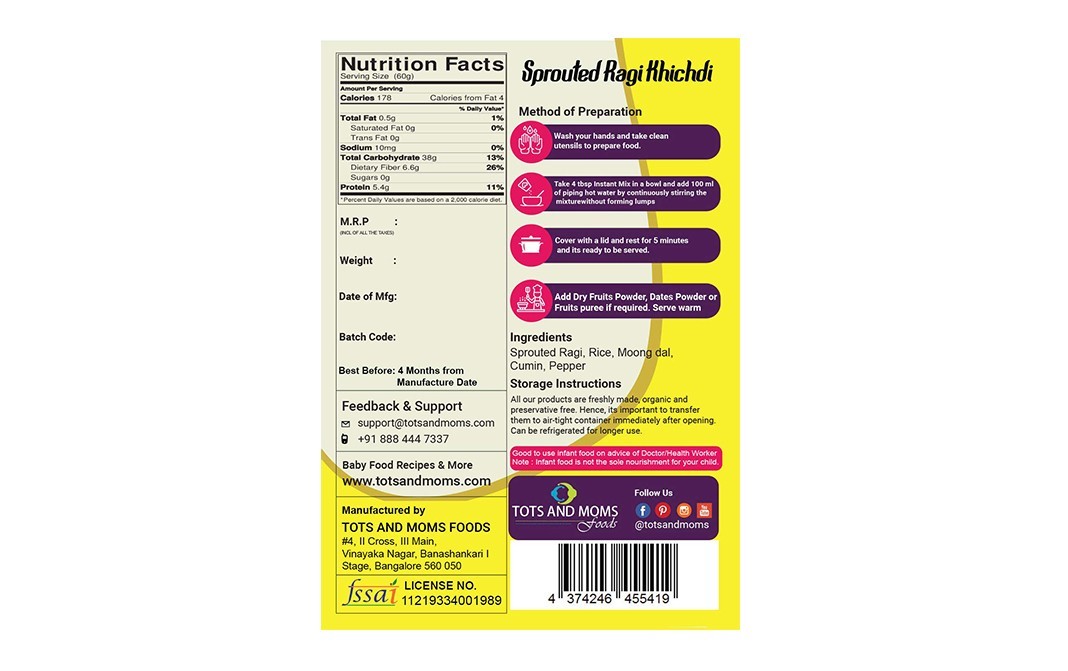 Tots And Moms Foods Sprouted Ragi Khichdi    Pack  200 grams